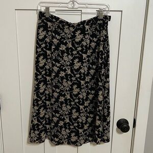 Black and Ceam Vintage Floral Silk Midi Skirt Size 10